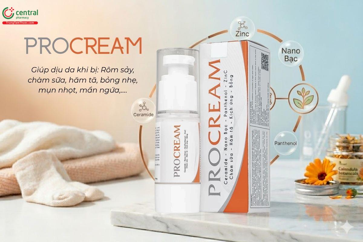 Procream giúp dưỡng ẩm, làm mềm và hỗ trợ làm dịu các tình trạng da rôm sảy, chàm sữa, hăm tã, bỏng nhẹ, mụn nhọt, mẩn ngứa