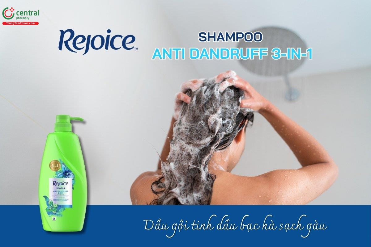 Dầu gội Rejoice bạc hà trị gàu 3 trong 1 giúp loại bỏ gàu, giảm rụng tóc và làm sạch da đầu ngay từ lần gội đầu tiên; chứa tinh chất bạc hà mang đến cảm giác mát lạnh, sảng khoái. 