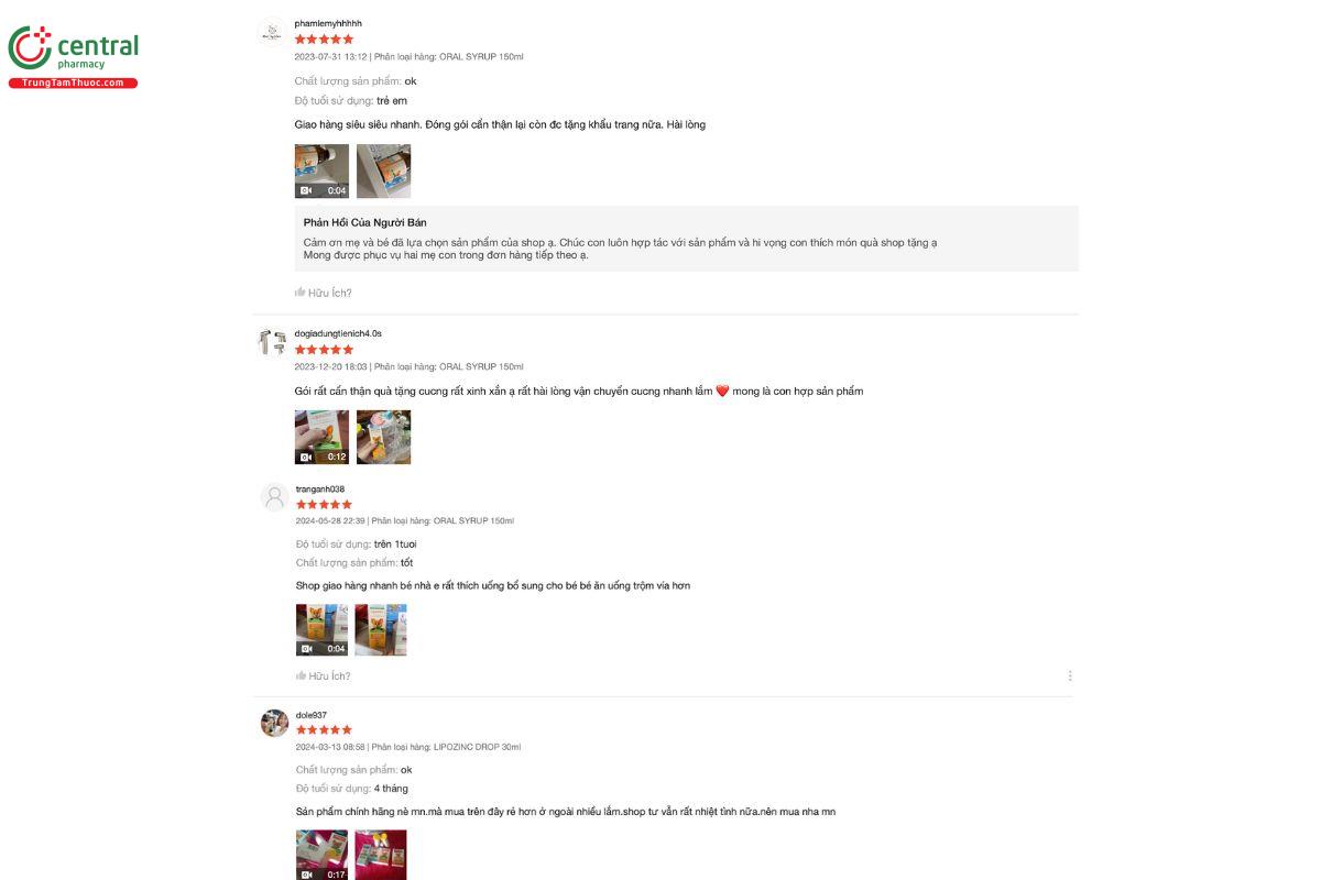 Cảm nhận, đánh giá của những người đã mua và sử dụng sản phẩm Lipozinc Oral Syrup