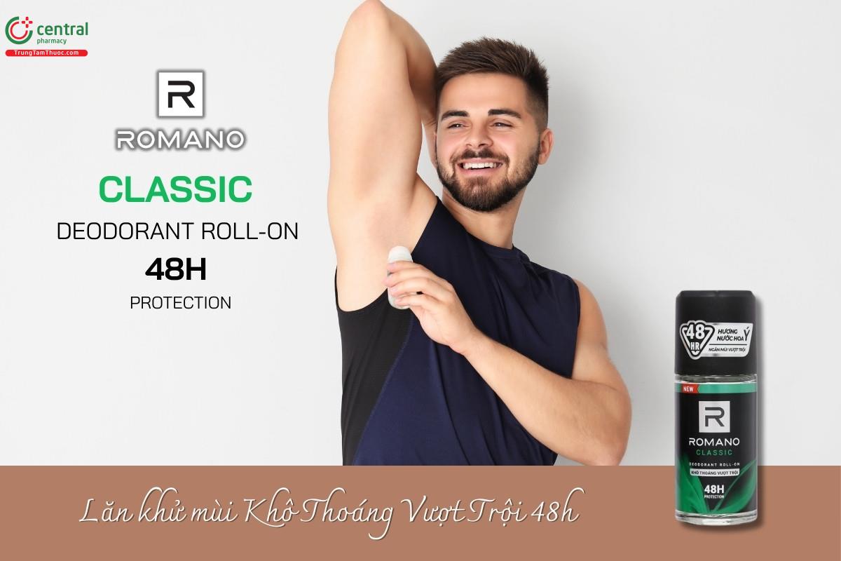 Lăn khử mùi Romano Classic Khô Thoáng Vượt Trội 48h Protection giúp kiểm soát mùi và hạn chế tiết mồ hôi lên đến 48 giờ, mang lại cảm giác khô thoáng, không bết dính.