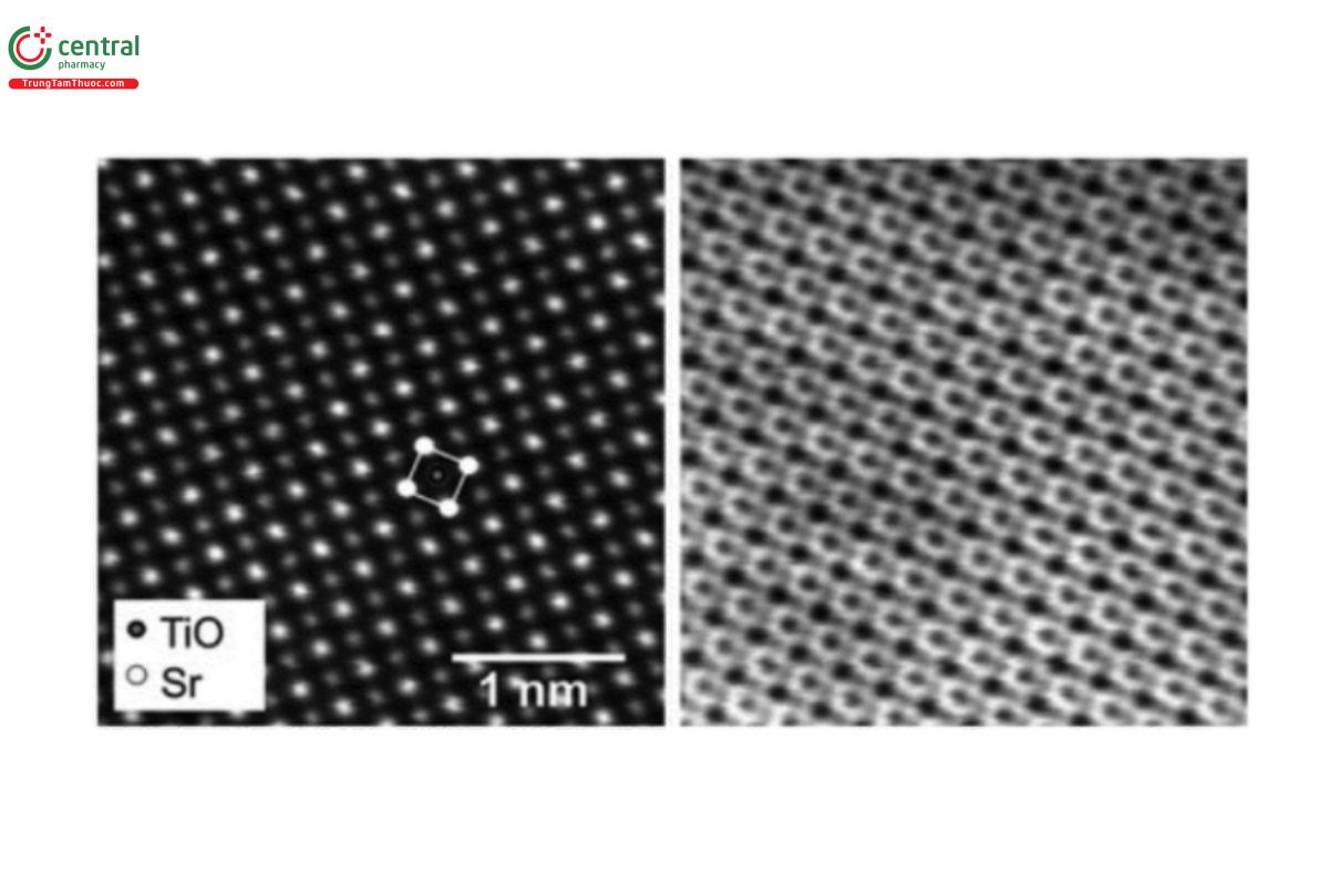 Figure 1. Scanning transmission electron micrograph of an oxide ceramic (perovskite), shown in both dark field (left) and bright field (right)  imaging modes. Image courtesy of “Carl Hanser Verlag, Muenchen”.
