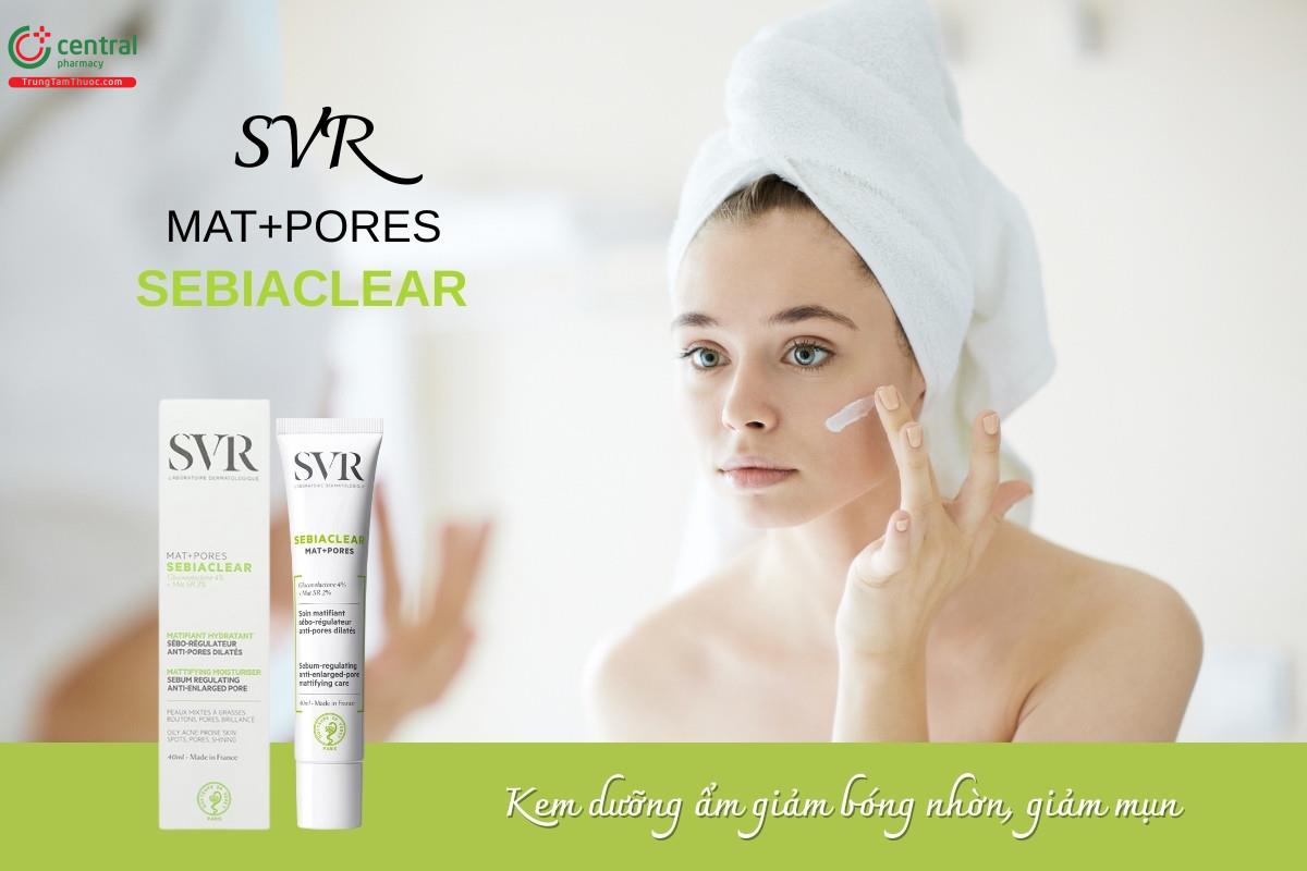 Kem dưỡng ẩm SVR Sebiaclear Mat+Pores tuýp 40ml giúp dưỡng ẩm cho da, hỗ trợ kiểm soát dầu thừa, giảm mụn và làm sạch lỗ chân lông, mang lại làn da thông thoáng.