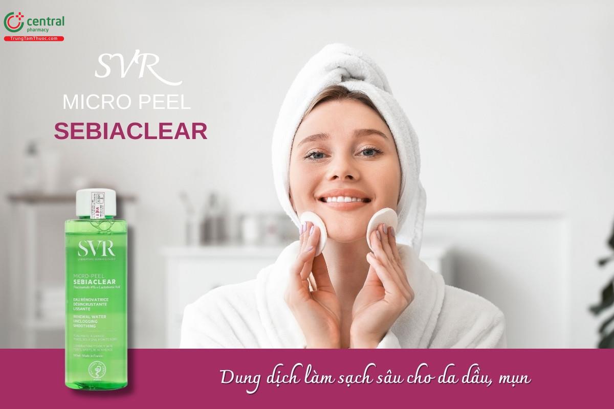 Dung dịch cân bằng và làm sạch da SVR Sebiaclear Micro Peel có chứa Niacinamide và Salicylic Acid giúp loại bỏ tế bào chết, thông thoáng lỗ chân lông, mang lại làn da mềm mịn.