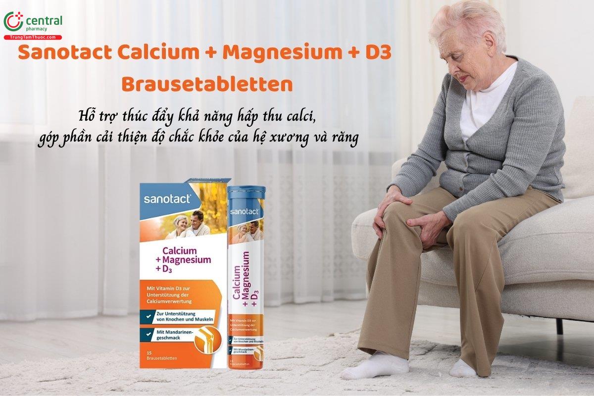 Sanotact Calcium + Magnesium + D3 Brausetabletten hỗ trợ thúc đẩy khả năng hấp thu calci, góp phần cải thiện độ chắc khỏe của hệ xương và răng