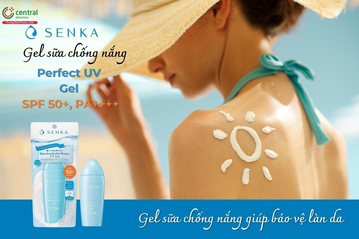 Gel sữa chống nắng Senka Perfect UV Gel SPF 50+, PA++++ giúp bảo vệ da toàn diện trước các tác nhân gây hại: Tia cực tím UVA & UVB, Bụi mịn PM 2.5, Lão hóa da, Khô ráp, mất độ ẩm.