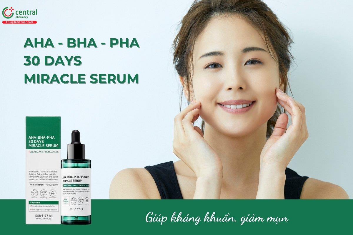 Some By Mi AHA - BHA - PHA 30 Days Miracle Serum 50ml chứa chiết xuất từ rau má và tràm trà, giúp kháng khuẩn, giảm viêm do mụn