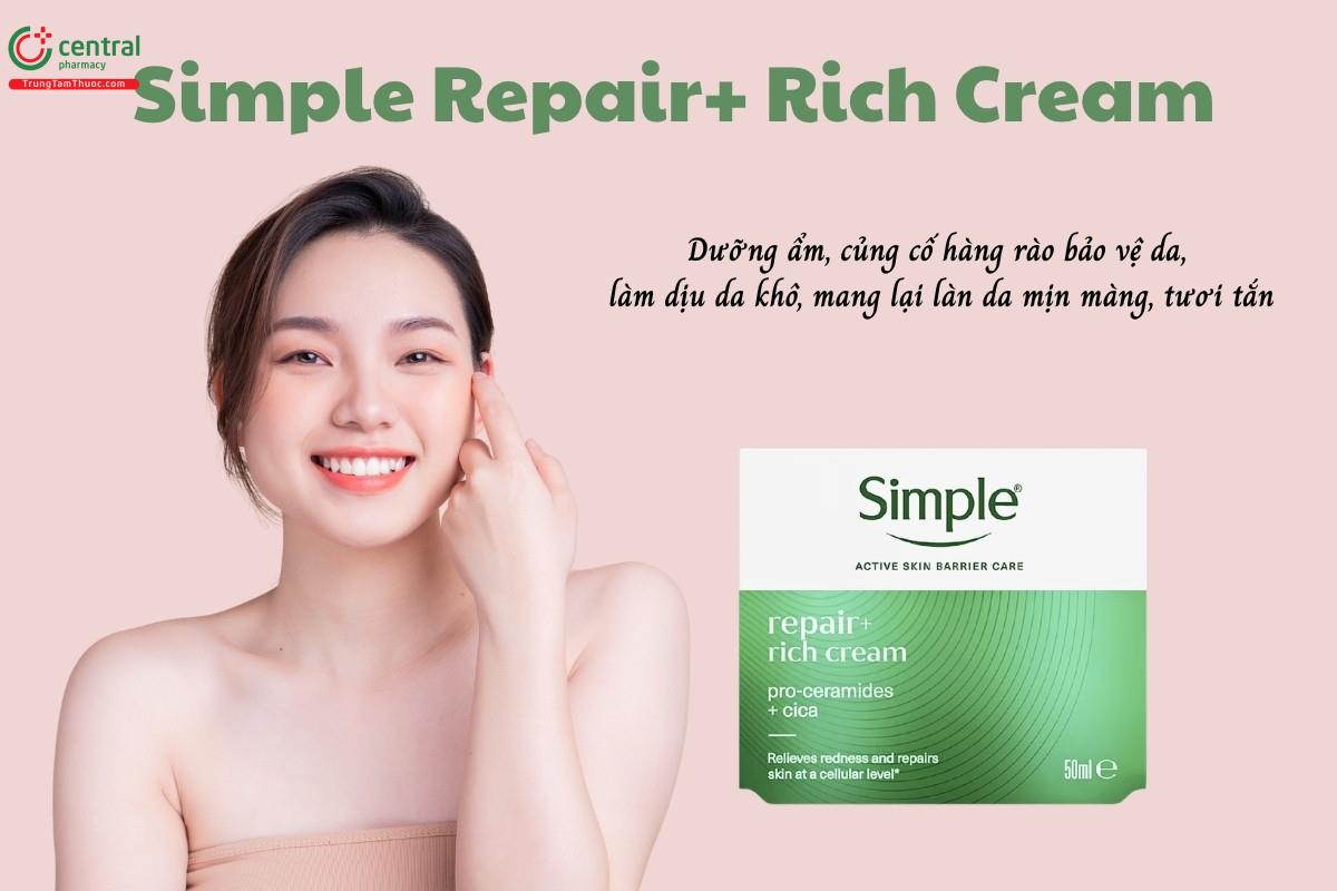 Simple Repair+ Rich Cream dưỡng ẩm và củng cố hàng rào bảo vệ da, giúp làm dịu tình trạng da khô, mang lại làn da mịn màng, tươi tắn