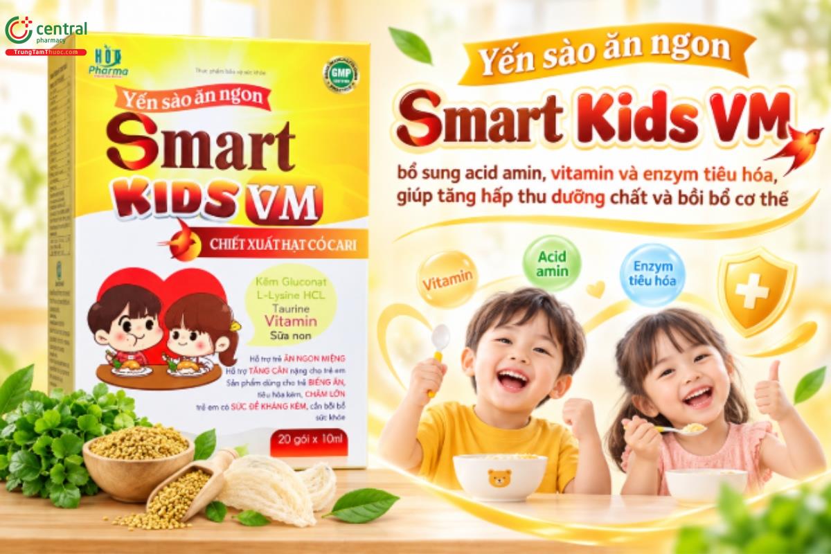 Yến sào ăn ngon Smart Kids VM bổ sung acid amin, vitamin và enzym tiêu hóa, giúp tăng hấp thu dưỡng chất và bồi bổ cơ thể