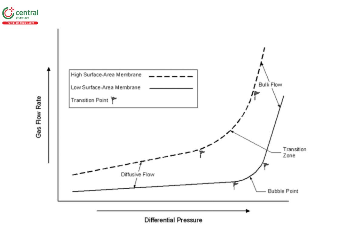 Figure 1. Relationship between gas flow and pressure differential for high-surface-area and low-surface-area membranes (see the section Integrity Testing Principles and Methods for definitions).