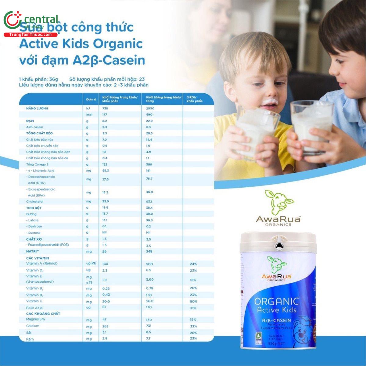 Sữa AwaRua Organic Active Kids có chứa thành phần nào?