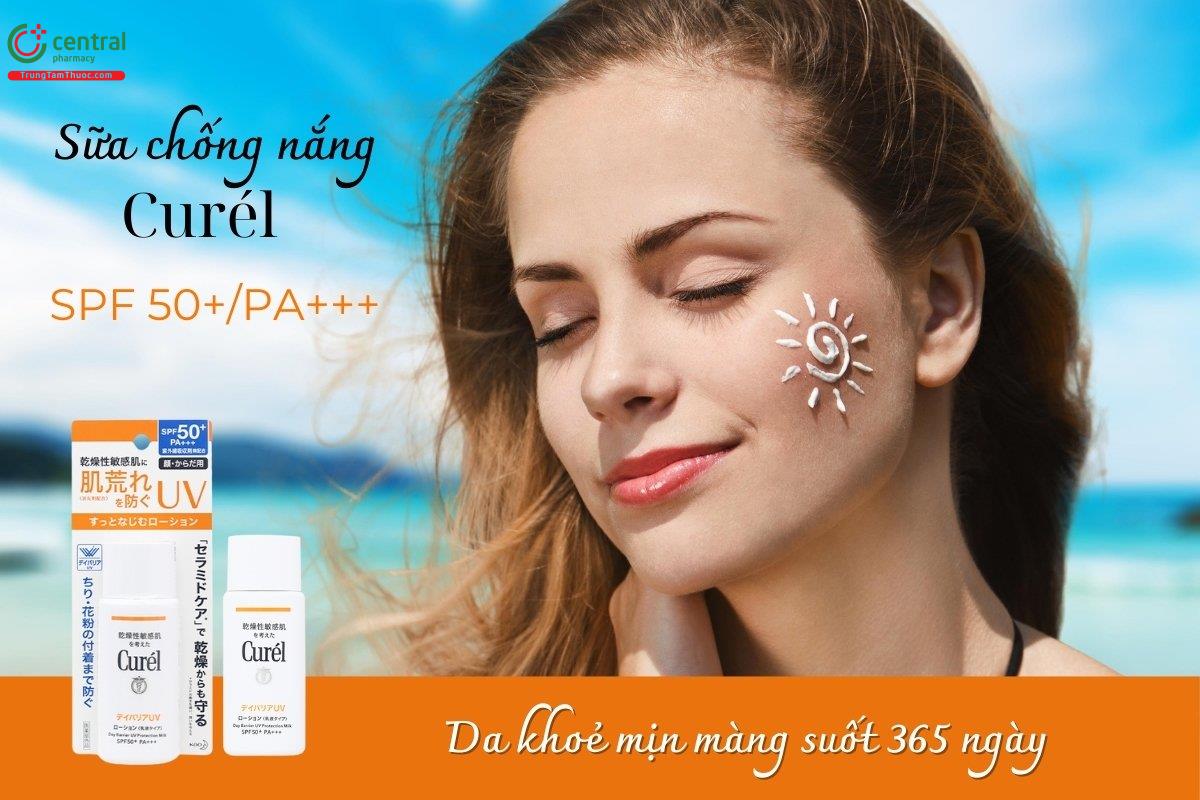 Curél UV Sữa chống nắng SPF 50+/PA+++ bảo vệ da trước tác động của tia UVA, UVB, ô nhiễm môi trường và bụi mịn PM2.5, giảm tổn thương da do tia UV, hạn chế tình trạng khô ráp.