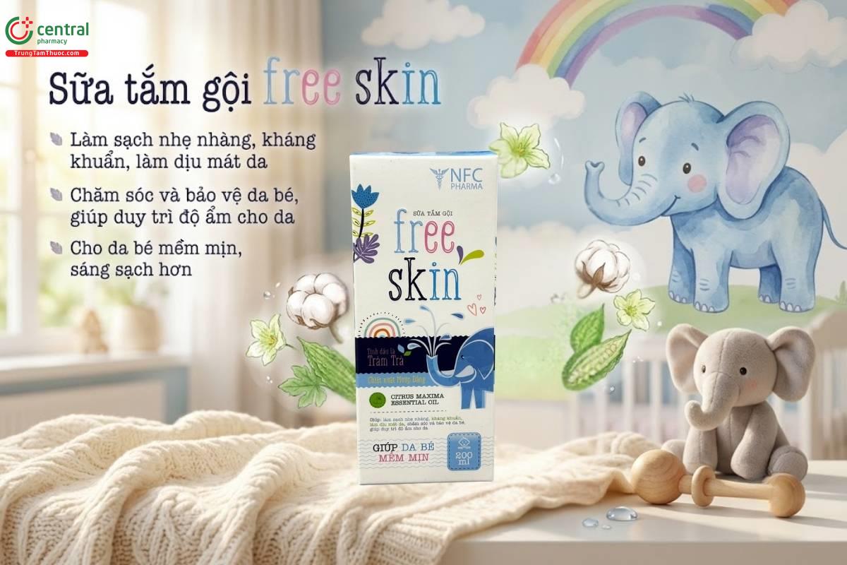 Sữa tắm gội free skin làm sạch da và tóc bé, kháng khuẩn, cho da dịu mát