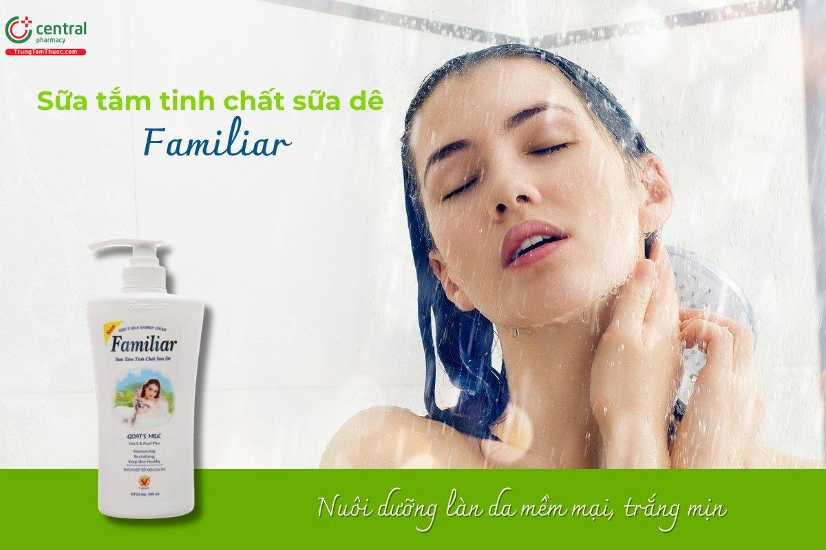 Sữa tắm tinh chất sữa dê Familiar Goat’s Milk Shower Cream kết hợp các thành phần tinh khiết như chiết xuất ngọc trai và vitamin E, giúp dưỡng ẩm và nuôi dưỡng làn da hiệu quả.