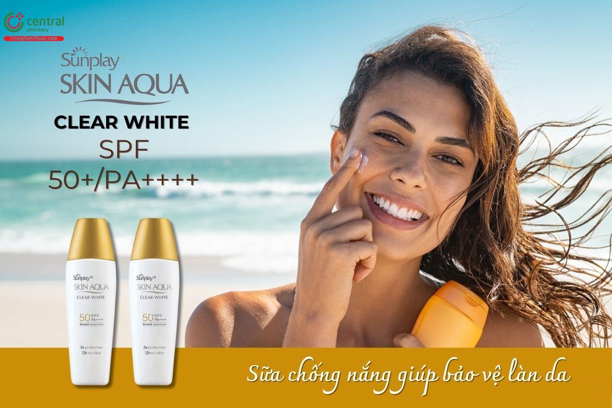 Sữa chống nắng dưỡng da trắng mịn Skin Aqua Clear White SPF 50+/PA++++ bảo vệ da toàn diện trước tác động của tia UVA, UVB, ánh sáng xanh, vi khuẩn và các yếu tố gây lão hóa sớm.