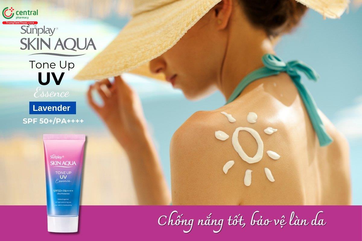 Tinh chất chống nắng Sunplay Skin Aqua Tone Up UV Essence Lavender SPF 50 với công nghệ bảo vệ da tiên tiến giúp ngăn chặn tác động của tia UVA, UVB, ánh sáng xanh và các yếu tố ô nhiễm.