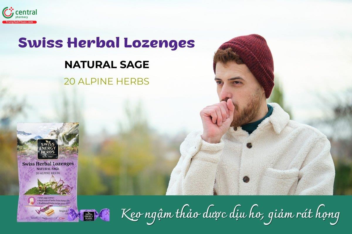 Kẹo ngậm thảo dược Swiss Herbal Lozenges Natural Sage 20 Alpine Herbs giúp làm sạch khoang miệng, thông thoáng cổ họng và làm giảm nhanh cảm giác khó chịu do ho.