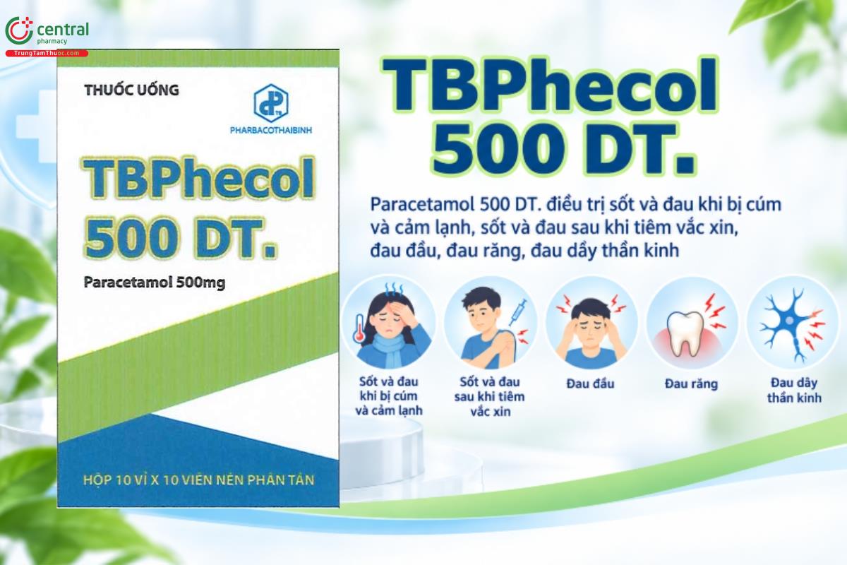 Thuốc TBPhecol 500 DT điều trị sốt và đau khi bị cúm và cảm lạnh, sốt và đau sau khi tiêm vắc xin, đau đầu, đau răng, đau dây thần kinh