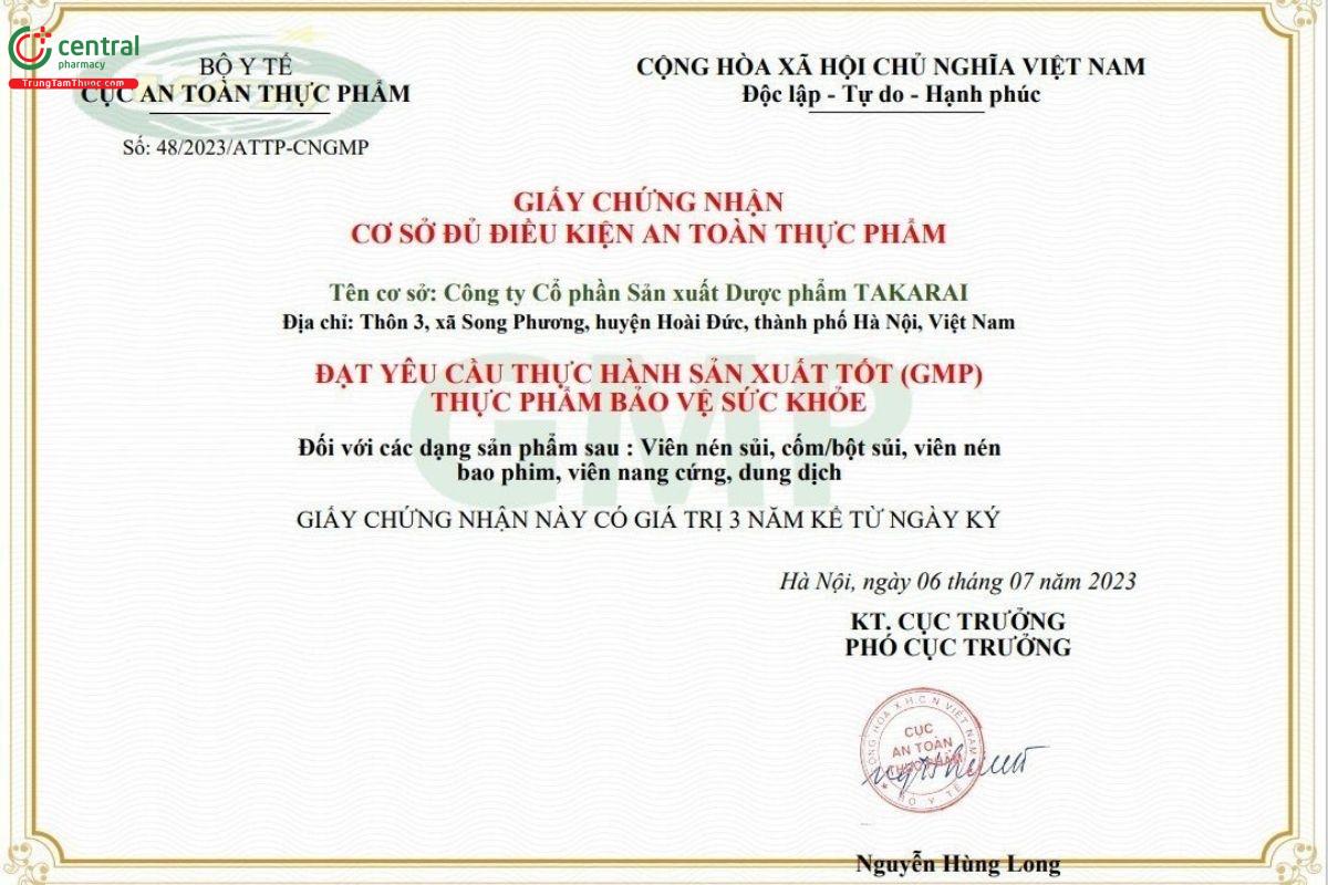 Giấy chứng nhân đạt chuẩn an toàn của Takarai