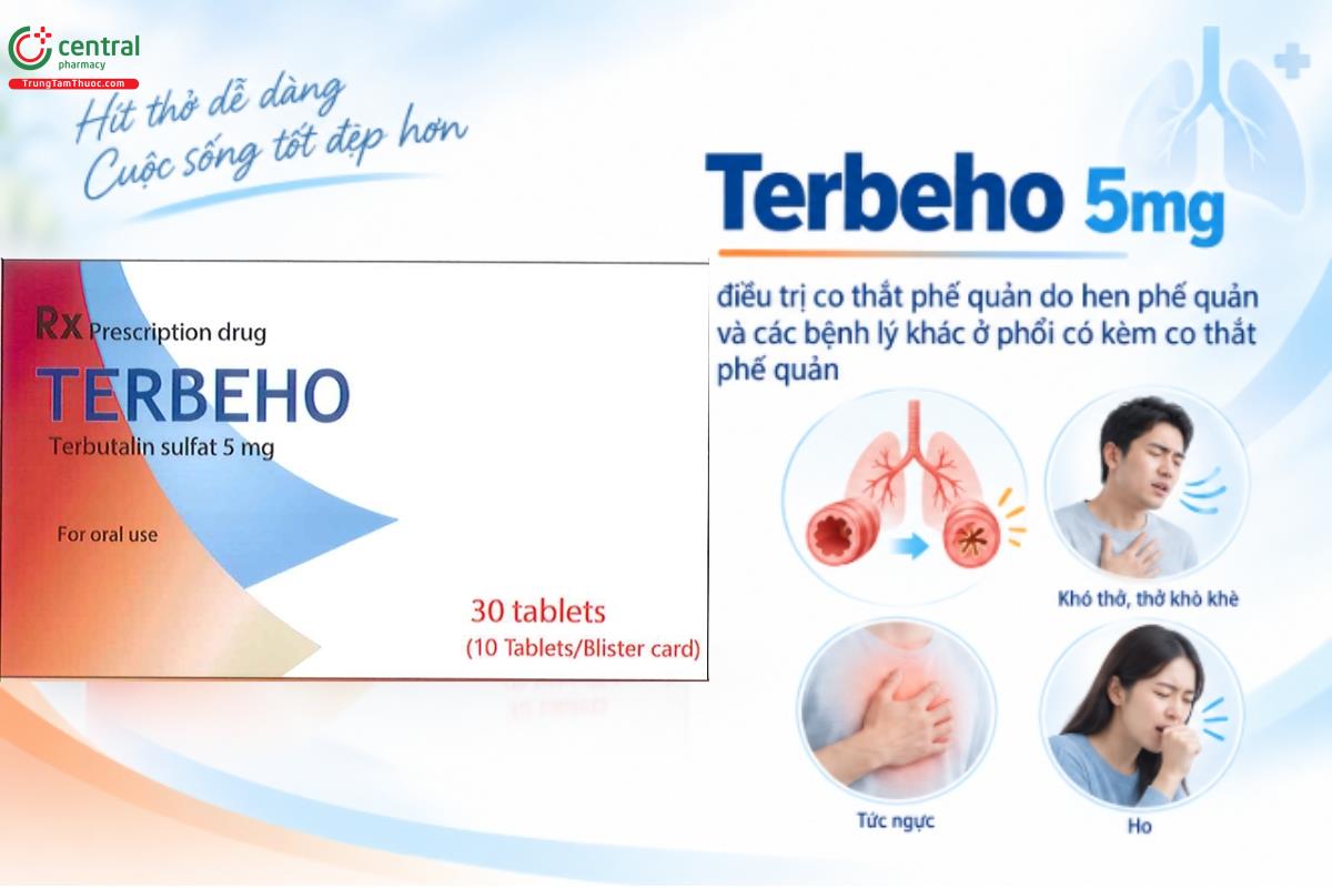 Thuốc Terbeho 5mg điều trị co thắt phế quản do hen phế quản và các bệnh lý khác ở phổi có kèm co thắt phế quản