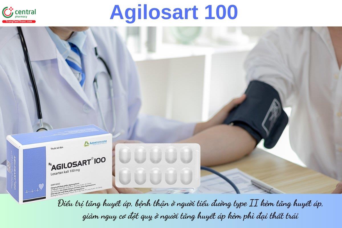 Thuốc Agilosart 100 điều trị tăng huyết áp, bệnh thận ở người tiểu đường type II kèm tăng huyết áp, giảm đột quỵ ở người tăng huyết áp kèm phì đại thất trái.