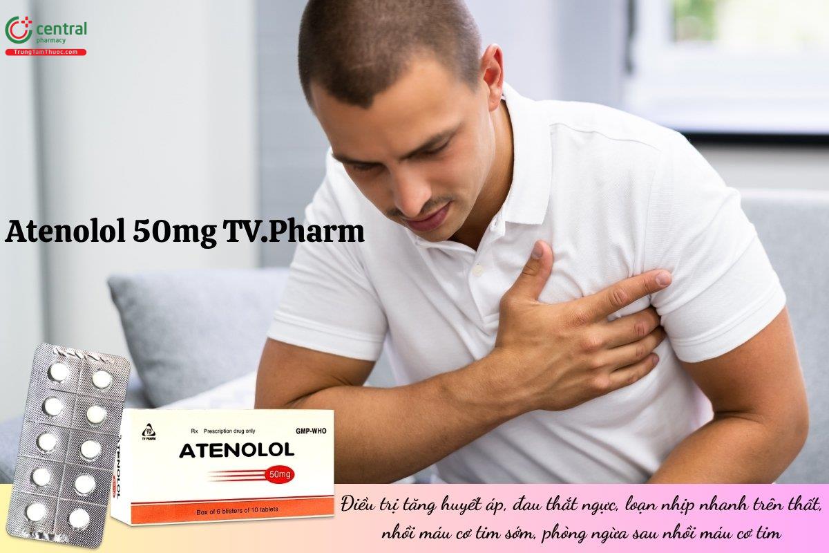 Thuốc Atenolol 50mg TV.Pharm chứa Atenolol điều trị tăng huyết áp, đau thắt ngực, loạn nhịp nhanh trên thất, nhồi máu cơ tim sớm, phòng ngừa sau nhồi máu cơ tim