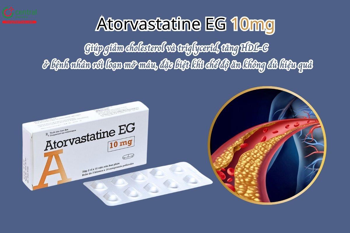 Thuốc Atorvastatin EG 10mg giúp giảm cholesterol và triglycerid, tăng HDL-C ở bệnh nhân rối loạn mỡ máu, đặc biệt khi chế độ ăn không đủ hiệu quả