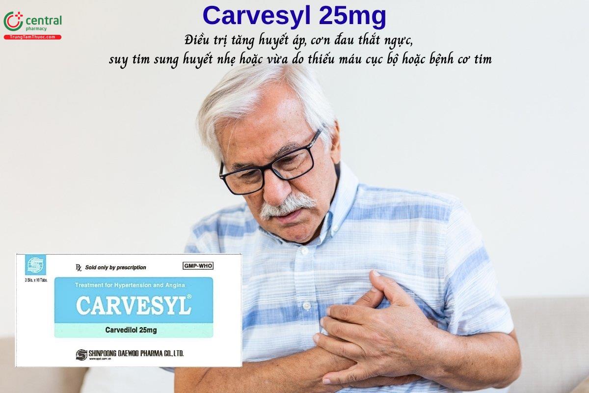 Thuốc Carvesyl 25mg chứa thành phần Carvedilol điều trị tăng huyết áp, cơn đau thắt ngực, suy tim sung huyết nhẹ hoặc vừa do thiếu máu cục bộ hoặc bệnh cơ tim