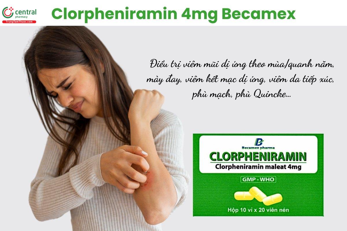 Thuốc Clorpheniramin 4mg Becamex điều trị các tình trạng dị ứng như viêm mũi dị ứng, mày đay, viêm kết mạc dị ứng, viêm da tiếp xúc, phù mạch, phù Quincke…