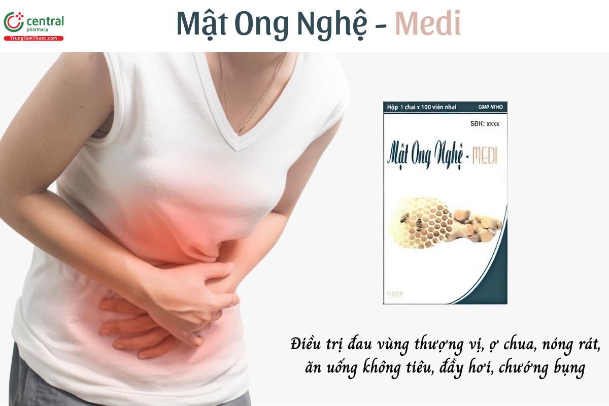 Thuốc Mật Ong Nghệ - Medi điều trị các triệu chứng đau vùng thượng vị, ợ chua, nóng rát, ăn uống không tiêu, đầy hơi và chướng bụng