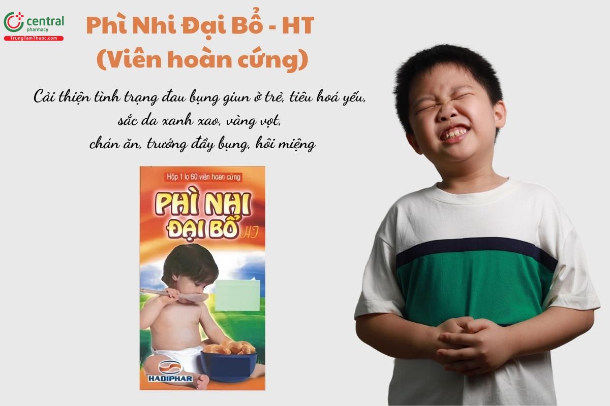Phì Nhi Đại Bổ - HT (Viên hoàn cứng) được sử dụng để cải thiện tình trạng đau bụng giun ở trẻ, tiêu hoá yếu, sắc da xanh xao, vàng vọt, chán ăn, trướng đầy bụng, hôi miệng