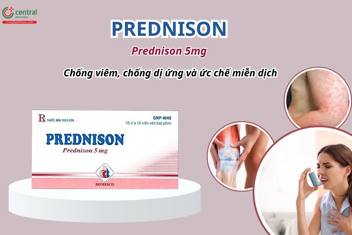 Thuốc Prednison 5mg Domesco (Viên nén bao phim) có tác dụng chống viêm, chống dị ứng và ức chế miễn dịch