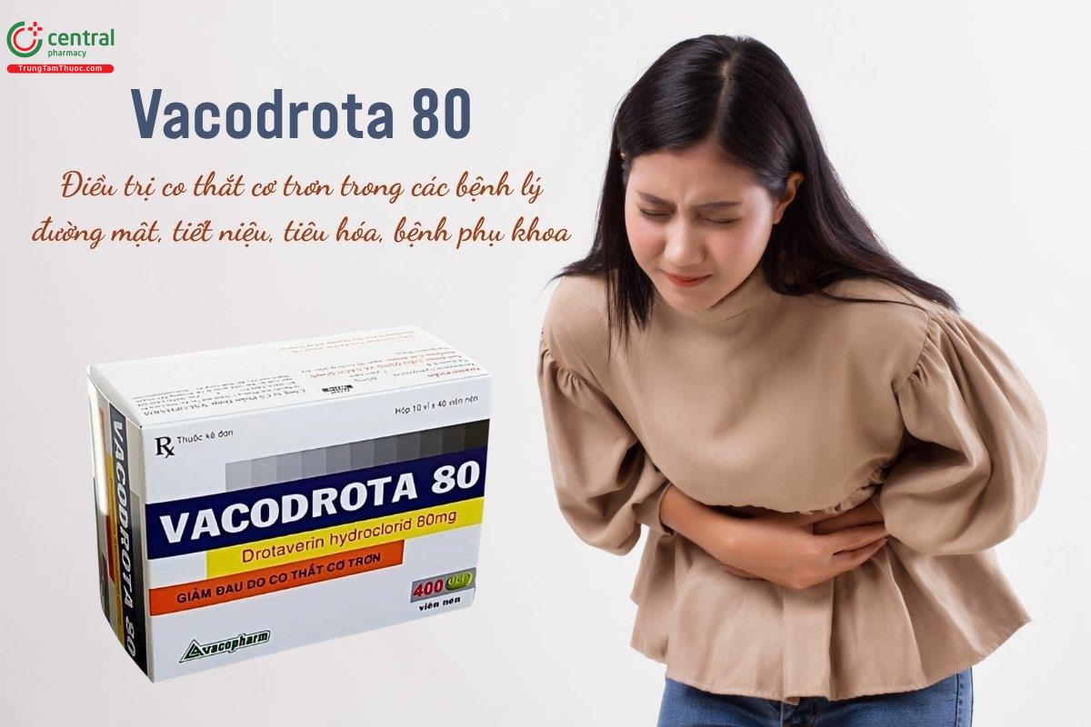 Thuốc Vacodrota 80 chứa Drotaverin hydroclorid, được chỉ định để điều trị co thắt cơ trơn trong các bệnh lý đường mật, tiết niệu, tiêu hóa và bệnh phụ khoa