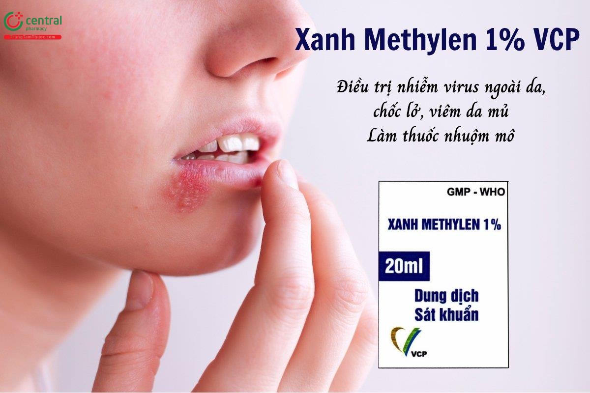 Thuốc Xanh Methylen 1% VCP điều trị nhiễm virus ngoài da như Herpes, chốc lở, viêm da mủ và làm thuốc nhuộm mô trong một số kỹ thuật chẩn đoán