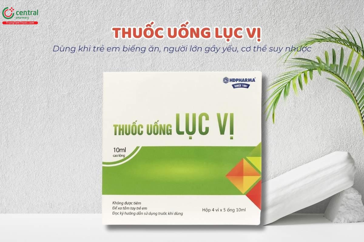 Thuốc uống Lục Vị sử dụng trong các trường hợp kém ăn, ra mồ hôi trộm, cơ thể mệt mỏi, gầy gò, yếu ớt ở trẻ em; và đau mỏi vùng lưng và đầu gối, ù tai, hoa mắt ở người lớn.