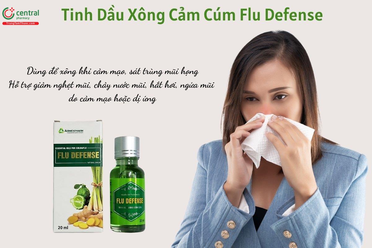 Tinh Dầu Xông Cảm Cúm Flu Defense dùng xông khi cảm mạo, giúp sát trùng mũi họng, hỗ trợ giảm nghẹt mũi, chảy nước mũi, hắt hơi, ngứa mũi do cảm mạo hay dị ứng