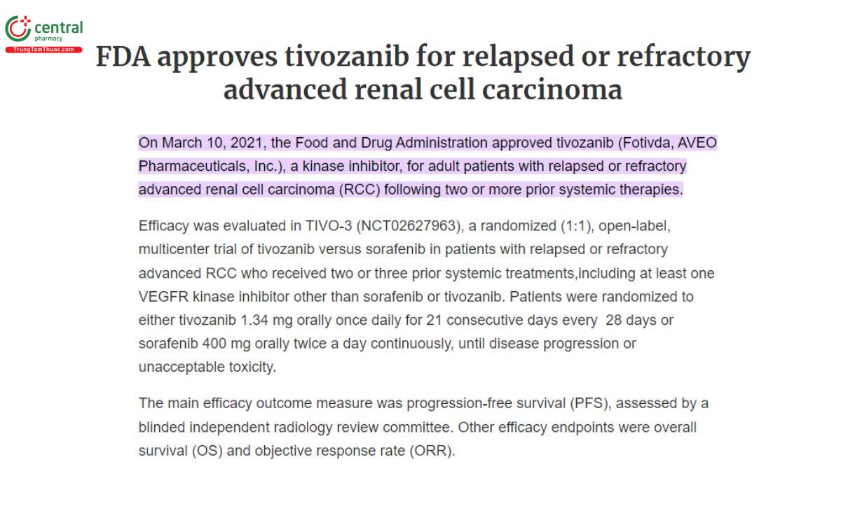 FDA chấp thuận thuốc Tivozanib