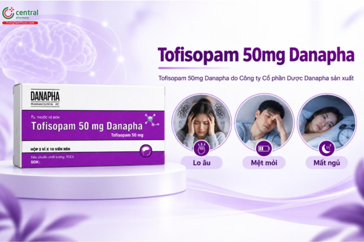 Thuốc Tofisopam 50mg Danapha điều trị các rối loạn tâm thần (thần kinh) và thực thể có đi kèm căng thẳng, lo âu
