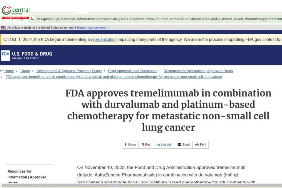 Tremelimumab được FDA chấp thuận lần đầu tiên vào tháng 10 năm 2022