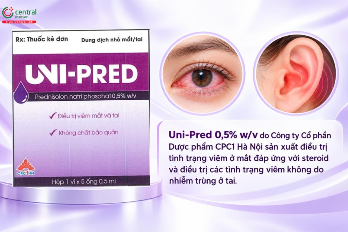 Thuốc Uni-Pred 0,5% w/v điều trị tình trạng viêm ở mắt đáp ứng với steroid và điều trị các tình trạng viêm không do nhiễm trùng ở tai