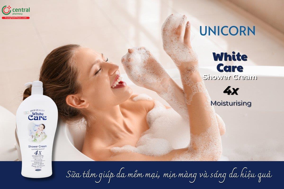 Sữa tắm Unicorn White Care 4X Moisturising được thiết kế với công thức dịu nhẹ, mang lại công dụng dưỡng ẩm, làm trắng và săn chắc da chỉ trong một bước khi làm sạch.