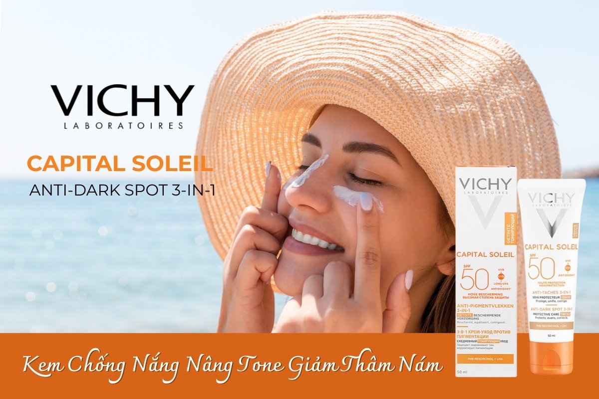 Kem chống nắng Vichy Capital Soleil Anti-Dark Spot 3-in-1 là kem chống nắng có màu dành cho da mặt, giúp bảo vệ da khỏi tác động của tia UVA và UVB với chỉ số SPF50+