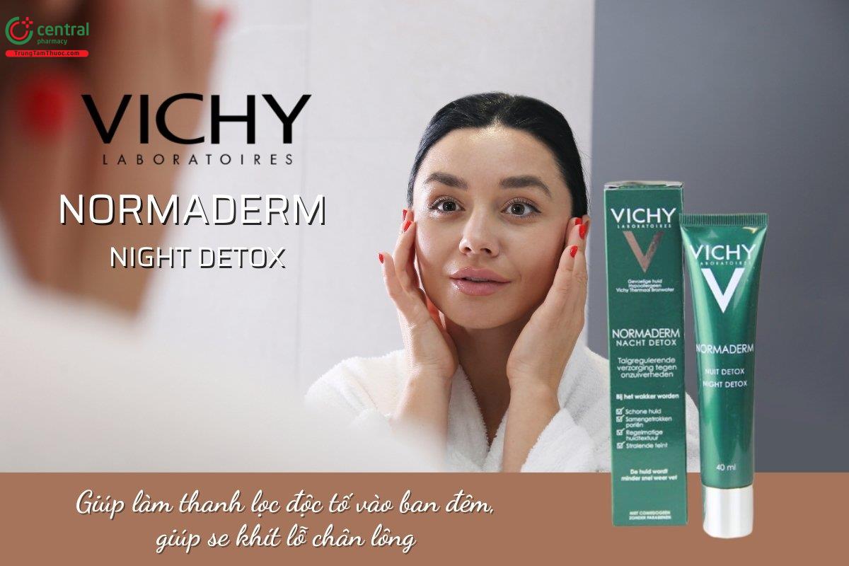 Gel giảm dầu và giúp se khít lỗ chân lông ban đêm Vichy Normaderm Night Detox giúp hỗ trợ kiểm soát dầu, tái tạo làn da và thu nhỏ lỗ chân lông trong suốt thời gian ngủ.