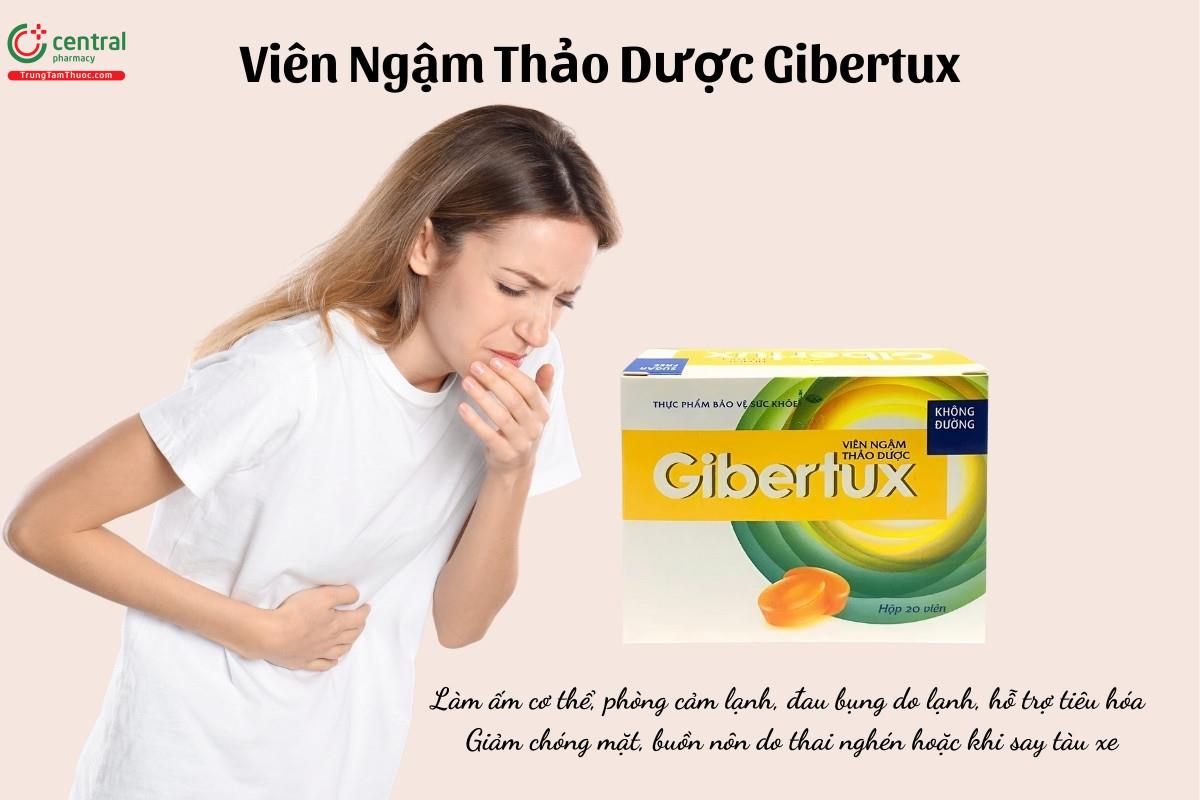 Viên Ngậm Thảo Dược Gibertux làm ấm cơ thể, phòng ngừa cảm lạnh, đau bụng do lạnh, hỗ trợ tiêu hóa, giảm chóng mặt, buồn nôn do thai nghén hoặc khi say tàu xe