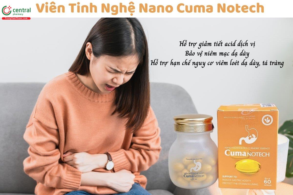 Viên Tinh Nghệ Nano Cuma Notech hỗ trợ giảm tiết acid dịch vị, bảo vệ niêm mạc dạ dày, hạn chế nguy cơ viêm loét dạ dày, tá tràng