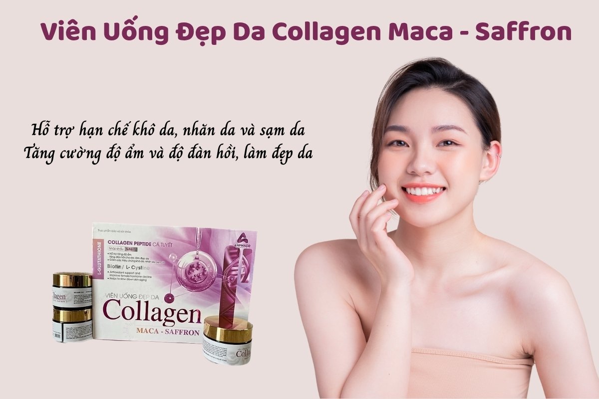 Viên Uống Đẹp Da Collagen Maca - Saffron hỗ trợ hạn chế khô da, nhăn da và sạm da, tăng cường độ ẩm và độ đàn hồi, làm đẹp da