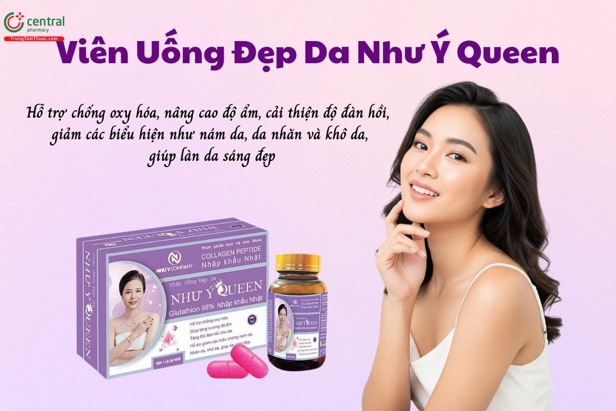 Viên Uống Đẹp Da Như Ý Queen hỗ trợ chống oxy hóa, nâng cao độ ẩm, cải thiện độ đàn hồi, giảm các biểu hiện như nám da, da nhăn và khô da, giúp làn da sáng đẹp