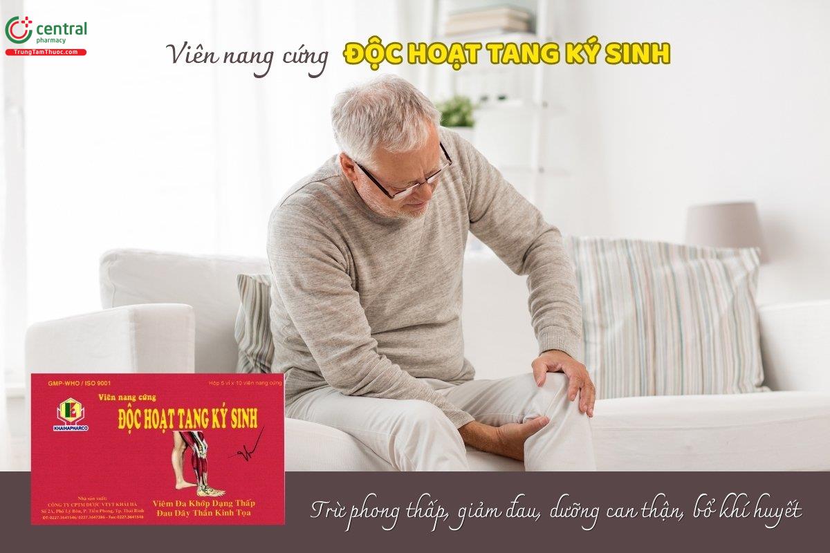 Viên nang cứng Độc hoạt tang ký sinh Khaihapharco chứa các thành phần từ thiên nhiên, giúp loại bỏ phong thấp, giảm đau nhức, bồi bổ gan và thận, tăng cường khí huyết.