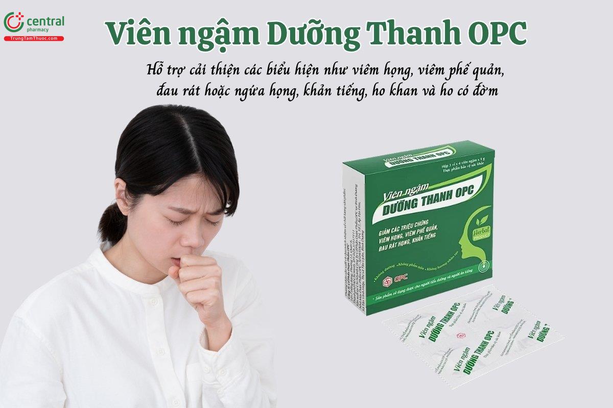 Viên ngậm Dưỡng Thanh OPC hỗ trợ cải thiện các biểu hiện như viêm họng, viêm phế quản, đau rát hoặc ngứa họng, tình trạng khản tiếng, ho khan và ho có đờm