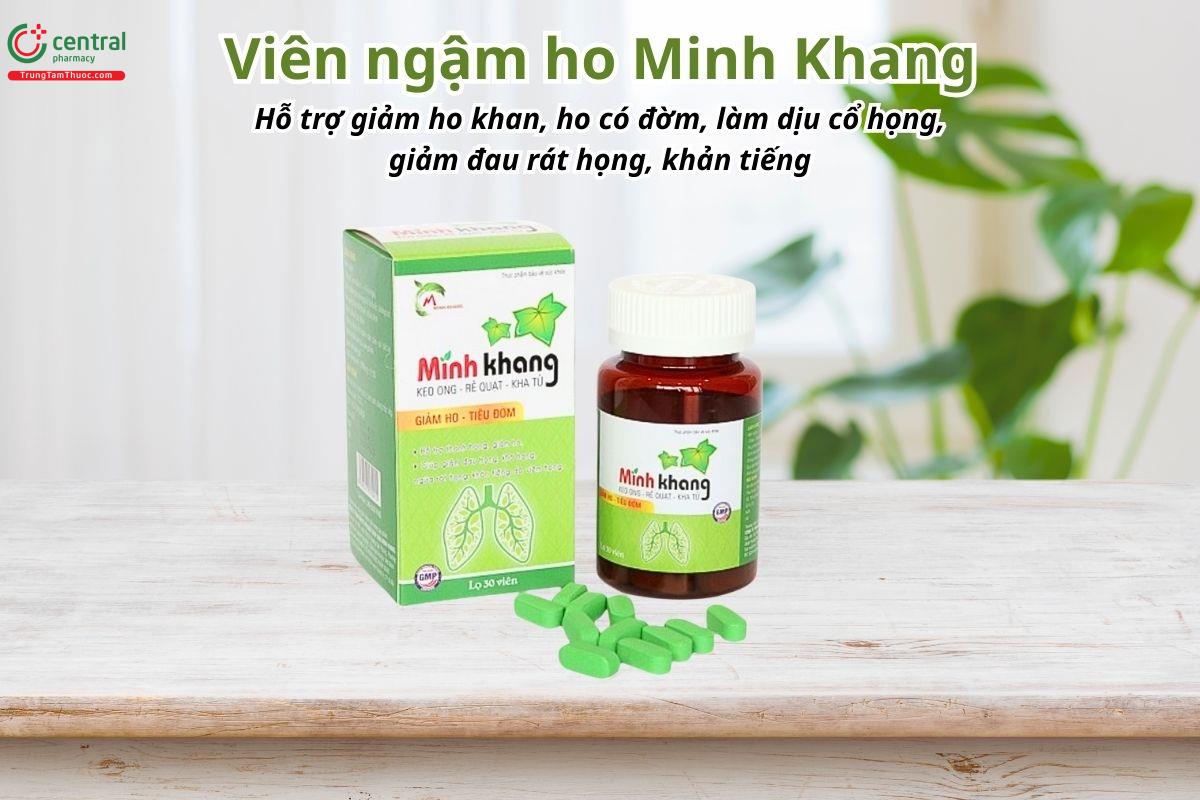 Viên ngậm ho Minh Khang hỗ trợ giảm ho khan, ho có đờm, làm dịu cổ họng, giảm đau rát họng, khản tiếng
