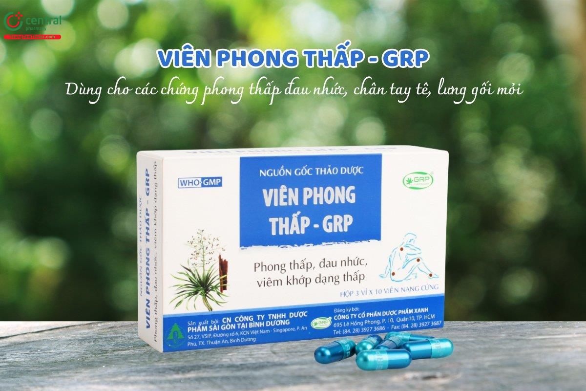 Viên phong thấp - GRP có tác dụng tán phong, thông kinh lạc, hoạt huyết, trừ thấp, dùng cho người thường xuyên bị đau nhức do phong thấp, tê bì chân tay, đau lưng, mỏi gối.